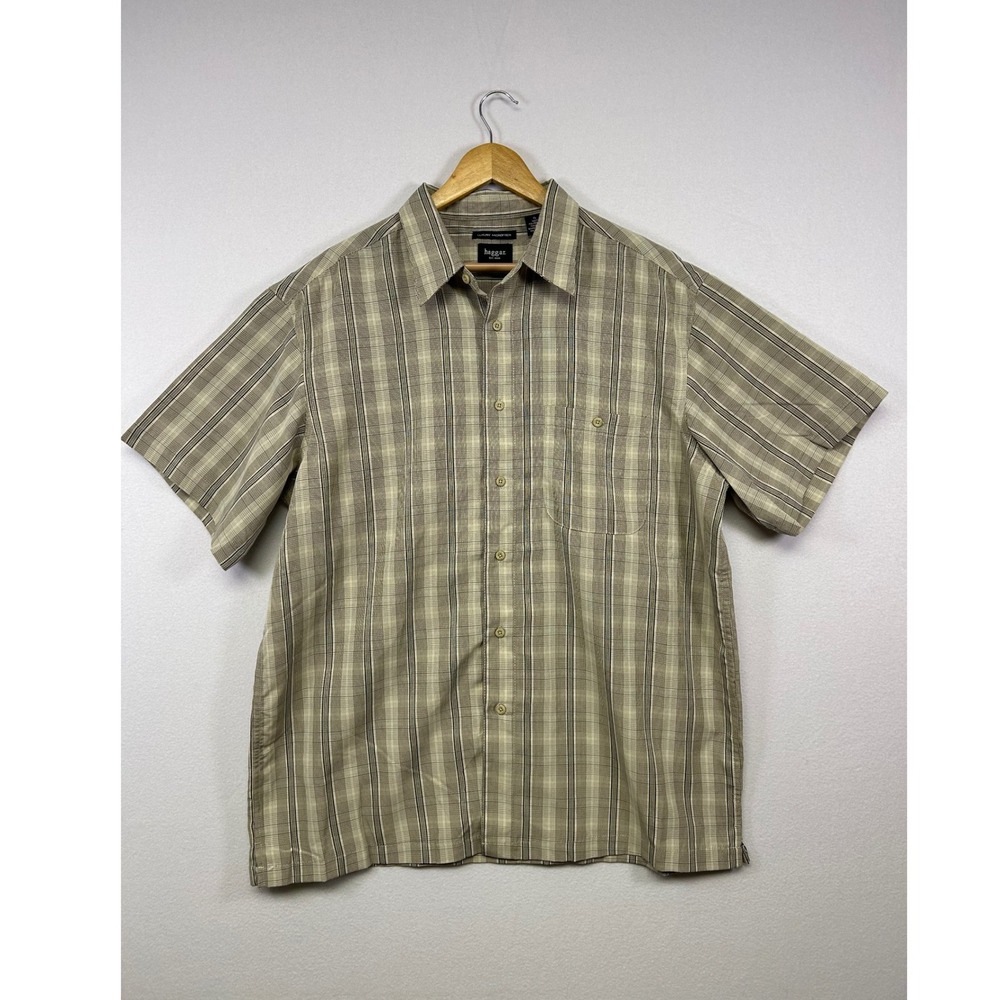 Dadcore Haggar Men XL Beige Plaid Luxury Microfiber Short Sleeve Button Up Shirt